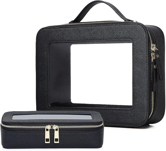 Pinkmik Clear Makeup Bag with Brush Bag 2pcs Waterproof Travel Case for Cosmetics and Toiletries Women's Cosmetic Organizer with Zipper (Black, L+SLIM)
