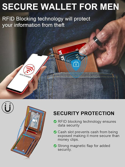 Wallet for Men Slim Leather Wallets for 13-17 Cards, RFID Blocking Thin Card Holder Wallet with ID Window & Large Capacity Cash Slot, Minimalist Bifold Small Wallet for Front Pocket, Gift for Men