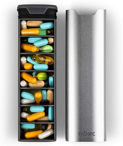 7 Day Weekly Pill Organizer 2.0 by mbarc - Premium Stylish Aluminum and Wood Large Capacity Pill Box for Supplements, Pills, Vitamins and Medication. (Metallic Silver)