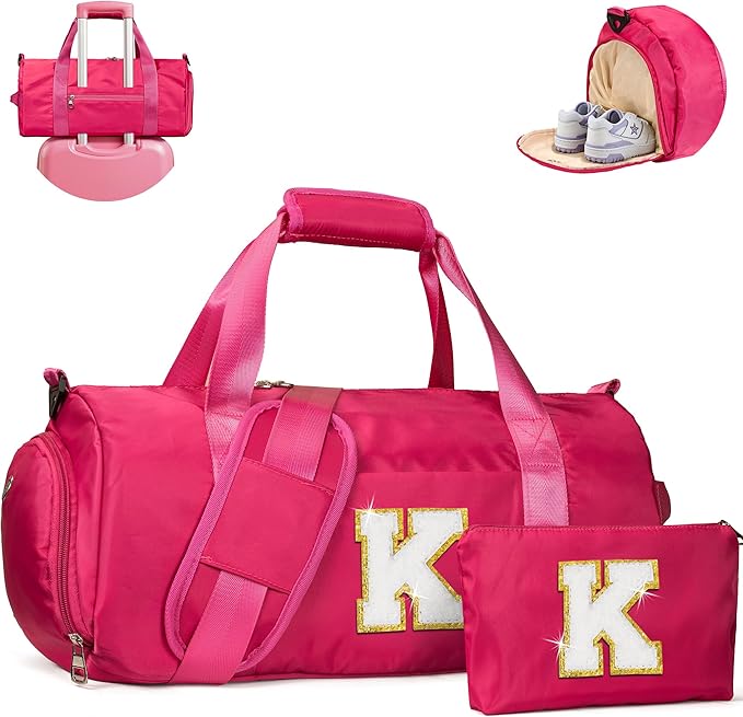Gift for Grandkids, Girls Travel Duffel Bag, Kids Initial Overnight Bags with Shoe Compartment, Customized Sport Gym Weekender Bag with Makeup Pouch, 5 Year Old Girl Birthday Gift (Letter K)