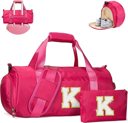 Gift for Grandkids, Girls Travel Duffel Bag, Kids Initial Overnight Bags with Shoe Compartment, Customized Sport Gym Weekender Bag with Makeup Pouch, 5 Year Old Girl Birthday Gift (Letter K)