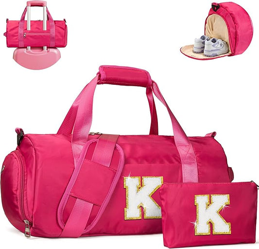 Gift for Grandkids, Girls Travel Duffel Bag, Kids Initial Overnight Bags with Shoe Compartment, Customized Sport Gym Weekender Bag with Makeup Pouch, 5 Year Old Girl Birthday Gift (Letter K)