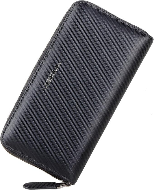 VISOUL Leather Long Zipper Pouch Wallet for Men and Women with RFID Blocking, Large Clutch Cash Long Wallet with Zipper (Carbon Fiber, Blue)