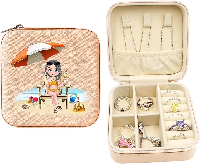 ODB Personalized Portable Mini Travel Jewelry Organizer, Customized Small Travel Jewelry Case With Initials, Gift for Girls, Teen, Woman (Beach Lover)