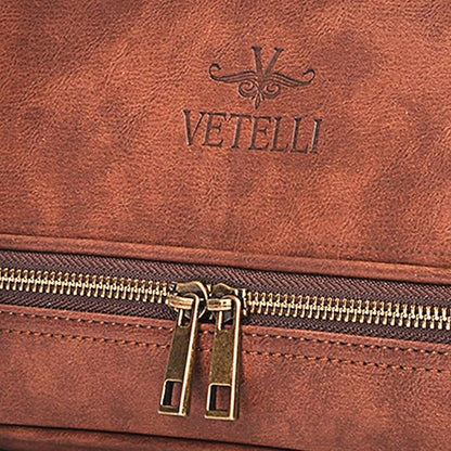 Vetell Classic Leather Men's Travel Toiletry Bag and Dopp Kit with Upper and Lower Zippered Compartments, 2 Mesh Bottle Pouches and Carrying Handle