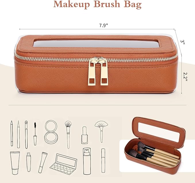 Pinkmik Makeup Brush Bag Slim Clear Makeup Bag Transparent Travel Cosmetic Case & Toiletry Bag with Zipper Small Beatuy Makeup Bag Purse Organizer for Women (X/Brown, SLIM)
