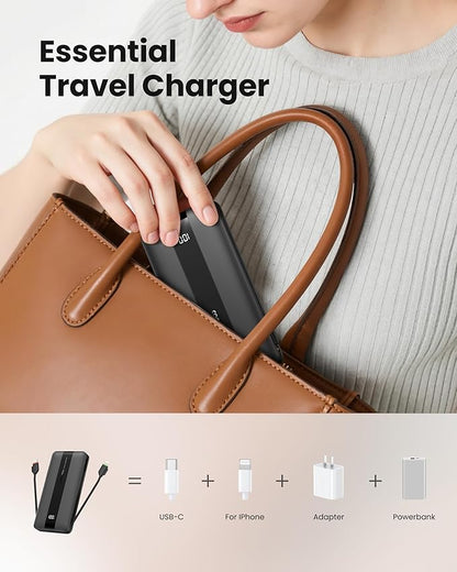 Portable Charger with Wall Plug, Fast Charging Power Bank Built-in Cables, Slim 10500mAh 22.5W 4 Outputs 3 Inputs LED Display External Battery Pack Compatible with iPhone/Android (Black)