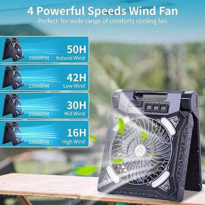 Solar Fan Battery Powered Rechargeable Solar Camping Fan with Led Lantern & Power Bank Foldable Angle USB Personal Fans for Travel Outdoor Camping Tents X98 Black