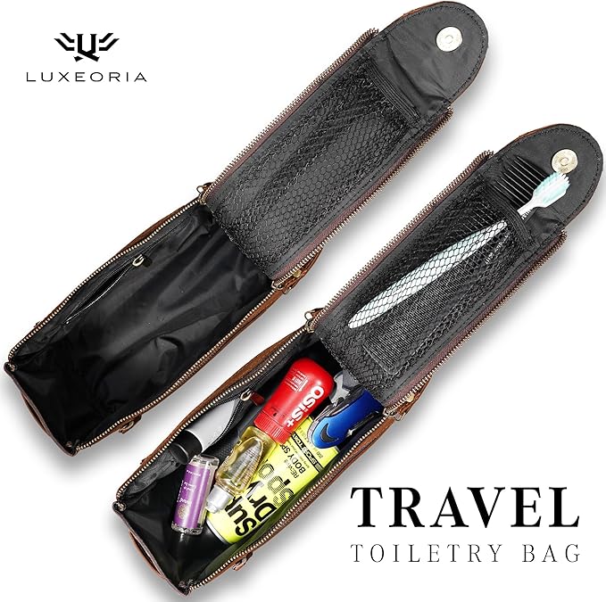 LUXEORIA Genuine Leather Toiletry Bags for Men and Women, Handmade Premium Leather Dopp Kit and Shaving Bag, Cosmetic Bag for Womens and Mens, Travel Essentials & Organizers