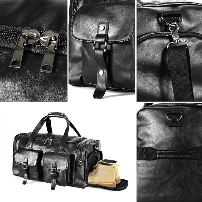 Zeroway Travel Duffel Bag with Shoe Pouch, PU leather Carry on Bag Weekender Overnight Bag for Men Women Black