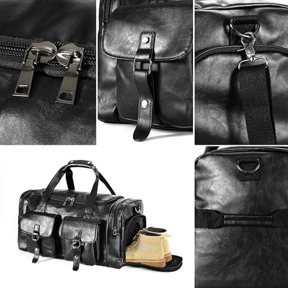 Zeroway Travel Duffel Bag with Shoe Pouch, PU leather Carry on Bag Weekender Overnight Bag for Men Women Black
