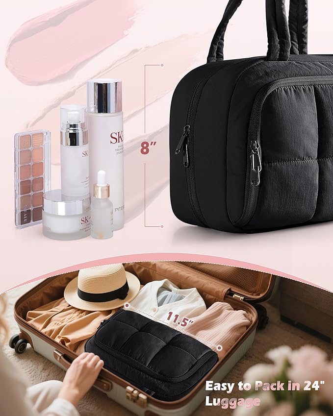 Travel Toiletry Bag for Women with Hanging Hook, Water Resistant Puffy Makeup Organizer with Leak Proof Pockets for Toiletries and Cosmetics - Black (Bag Only)