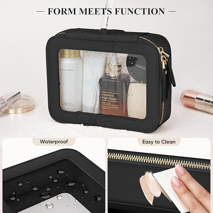 Clear Makeup Bag, Travel Toiletry Bag Cosmetic Case for Women, Waterproof Portable Make Up Skincare Pouch with Zipper, Compact Car Organizer Bag for Essentials, Medium Size, Black