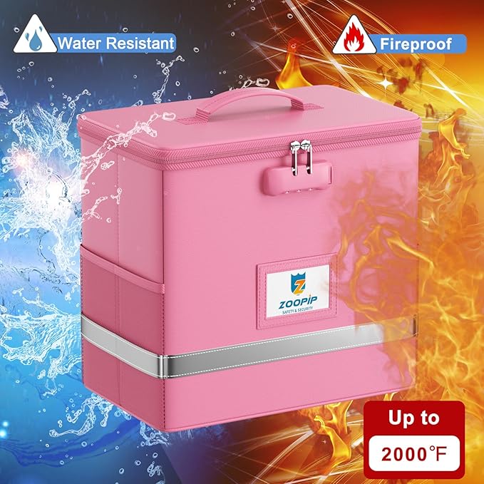 Fireproof File Box with Lock, Document Box Storage Organizer, Suitable for Hanging File Folders in Letter Size, Collapsible File Box, Reflective Strip for Fast Find (12.2"*6"*10.2, Pink)