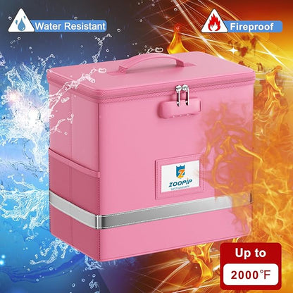 Fireproof File Box with Lock, Document Box Storage Organizer, Suitable for Hanging File Folders in Letter Size, Collapsible File Box, Reflective Strip for Fast Find (12.2"*6"*10.2, Pink)