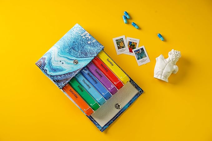 Pill Organizer,LIZIMANDU Weekly Travel Pill Case Box Medication Reminder Daily AM PM, Day Night 7 Compartments,for 4 Times A Day, 7 Days a Week-Includes Leather PU Carrying Case (Blue Quicksand)