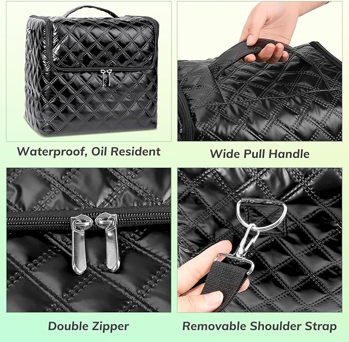 Deciniee Travel Makeup Bag, 4 Trays Large Cosmetic Bag for Woman with Adjustable Dividers, Organizer Bag Waterproof, Travel Essentials Cosmetic Bag, Train Case for Nail Tech Black