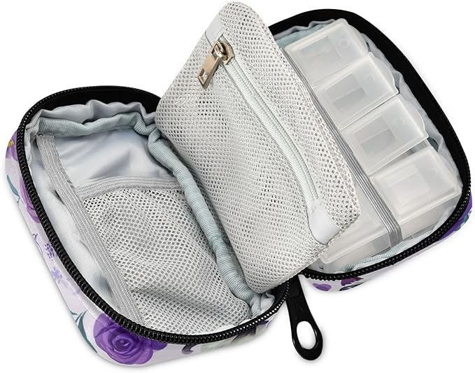 Purple Floral Cute Cats Travel Pill Organizer Case Box Container Weekly Portable Vitamin Medicine Holder Storage Bag with Zipper Removable