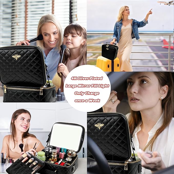 Travel Makeup Bag with Light Up Mirror, Portable Makeup Bag with Led Light Women Waterproof Makeup Travel Case adjustable dividers Rechargeable Vanity Mirror with 3 Color Lights