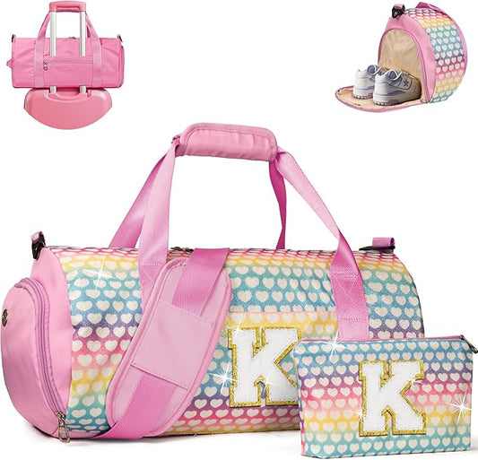 2 Year Old Girl Birthday Gift, Girls Travel Duffel Bag, Kids Initial Overnight Bags with Shoe Compartment, Personalized Weekender Bag with Makeup Pouch, Gifts for Teenager (Letter K)