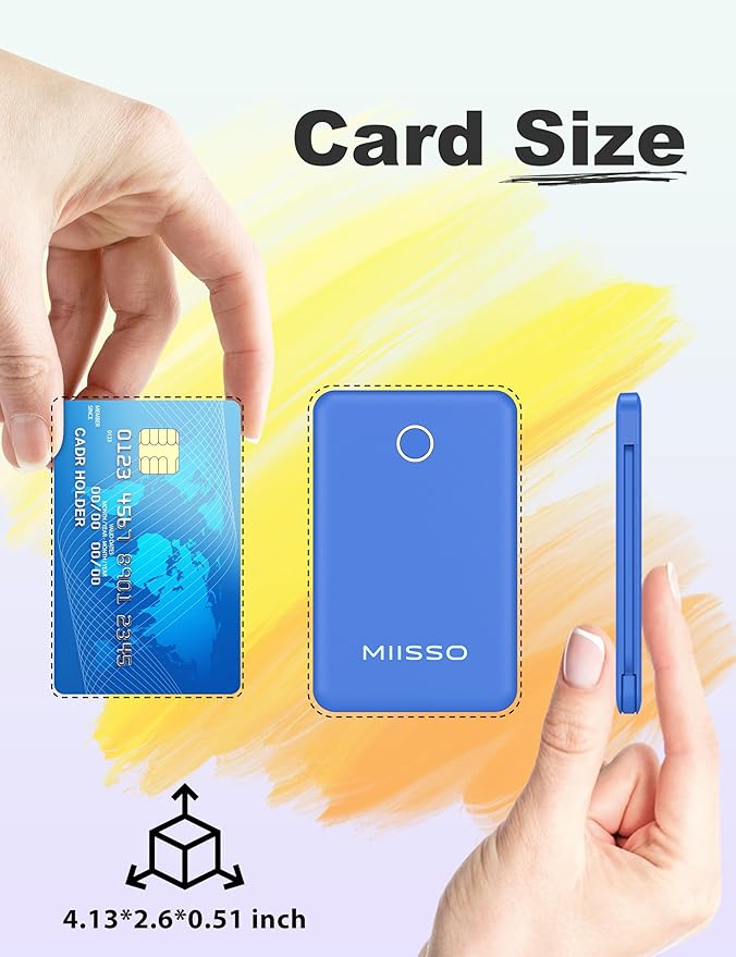miisso 6000mah Ultra Slim Built in Cables Power Bank, Card Size Built in USB C Cords Battery Pack Portable Charger for Phones, 3 Output External Battery Pack Compatible with iPhone, Deep Blue