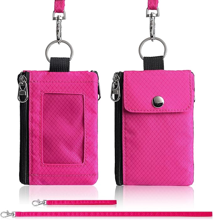 Minimalist Wallet For Mens Womens, Keychain RFID Blocking Zipper Small Wallet with ID Window 2 Lanyards,Water Resistant Travel Cash Card Coin Case Boys Girls