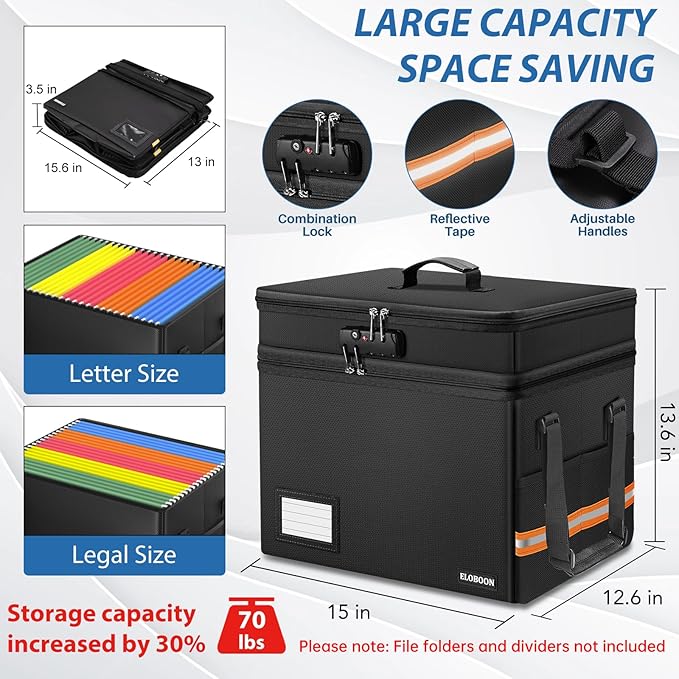 Fireproof Document Box with 13 Pockets Accordian File Organizer, Water-Resistant File Organizer Box with Lock, Collapsible File Storage Cabinet for Hanging Letter/Legal Folder, Black