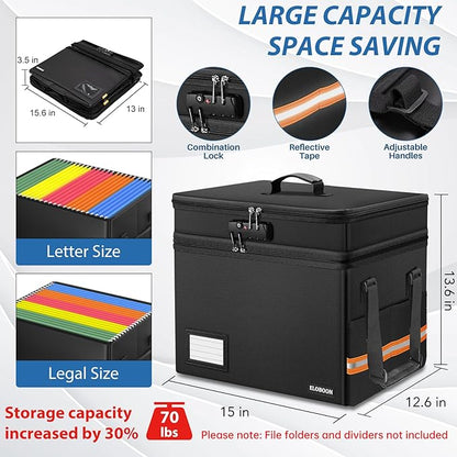 Fireproof Document Box with 13 Pockets Accordian File Organizer, Water-Resistant File Organizer Box with Lock, Collapsible File Storage Cabinet for Hanging Letter/Legal Folder, Black