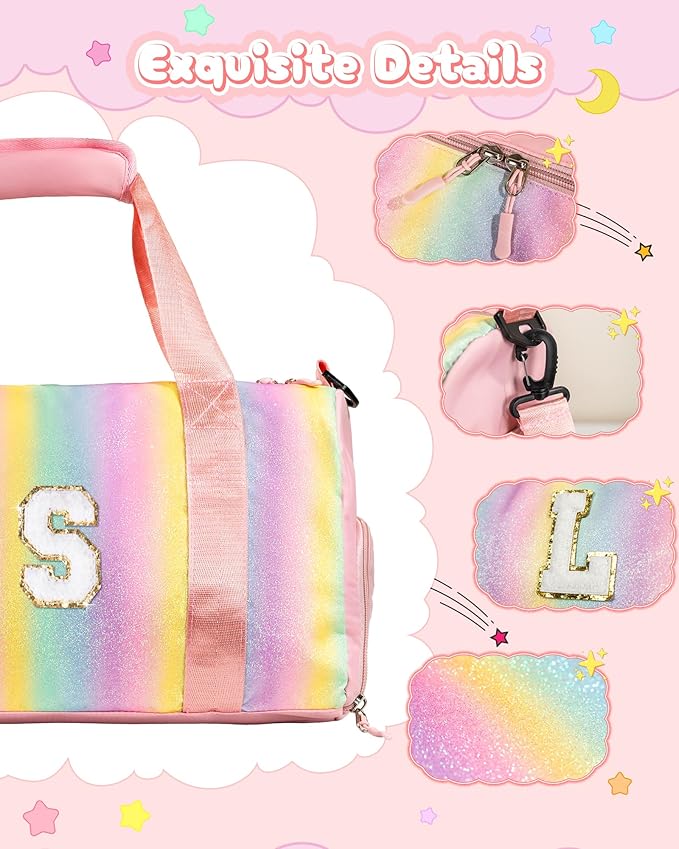 Birthday Gifts for 3 4 5 6 7 8 9 10 11 12 Year Old Girls-Girl Gym Bag with Shoe Compartment, Kid Personalized Weekender Overnight Bags, Initial Travel Tote with Makeup Pouch (Letter B)