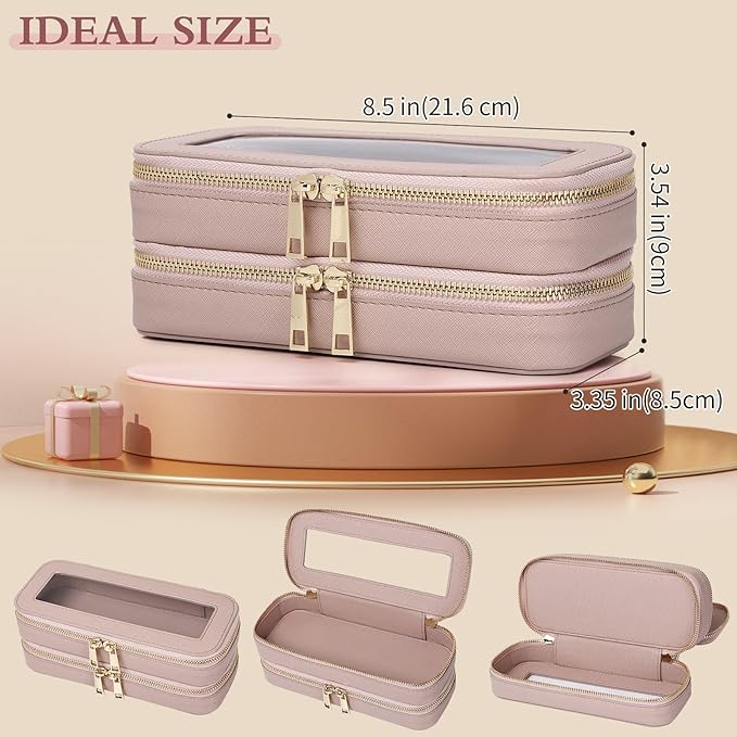 Pinkmik Double Layer Makeup Bag Makeup Brush Case Waterproof Travel Cosmetic & Toiletry Bag Purse Organizer and Car Essentials for Women (Pink, Double SLIM)