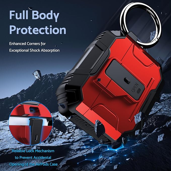 DASFOND Armor Earphone Cover Case for Airpods 4 Generation, Military Grade Full Body Shockproof Protection Hard Case, Support Wireless Charging with Keychain, Magnetic Lid, Front LED Visible, Red