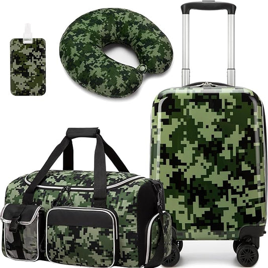 Kid's Luggage Set 3 Piece Suitcase Set 16" Hardside Luggage with Spinner Wheels Boys Carry on Toddler Travel Rolling Suitcase with Duffle Bag Neck Pillow Airline Approved