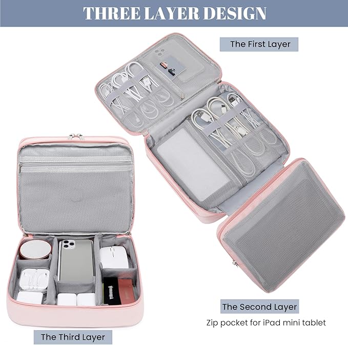 mygreen Travel Electronics Organizer, Waterproof Cable Organizer Bag for Electronic Accessories Triple Layer Large Shockproof Cable Storage Bag for Cord, Hard Disk, Power Bank, Tablet Aqua Sky