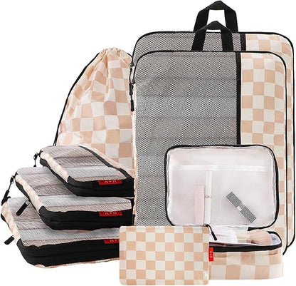 U+U 8 Set Compression Packing Cubes - Ultralight Travel Organizers with Laundry Bag and Cosmetic Bag, Space-Saving Suitcase Organizer for Travel, Business Trip and Family Vacation (Khaki Checkered)