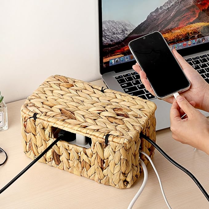 BTSKY Woven Cable Management Box with Lid, Water Hyacinth Cord Organizer for Desk, Cable Organizer Box with 2-Open Slots to Hide Power Strips USB Hubs for Home & Office, Pet Proofing Cord Basket, S