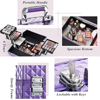 Frenessa Makeup Train Case 12 Inch Portable Cosmetic Case - 6 Tier Professional Makeup Storage Box Organiser Box Make Up Carrier with Lockable Keys Travel Case for Women and Girls - Purple