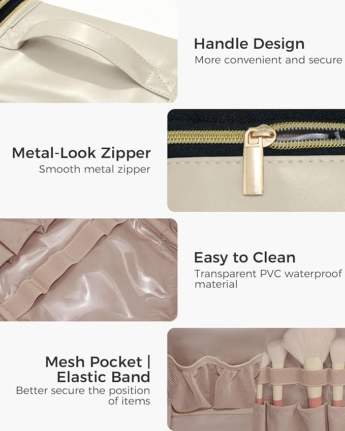 Hanging Toiletry Bag, PU Leather Makeup Bag Large Capacity with Jewelry Organizer for Brushes Set, Cosmetic Accessories, Beige