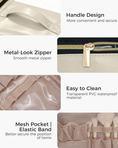 Hanging Toiletry Bag, PU Leather Makeup Bag Large Capacity with Jewelry Organizer for Brushes Set, Cosmetic Accessories, Beige