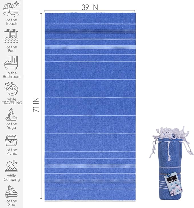 Turkish Beach Towel, Prewashed, 100% Cotton, Soft, Absorbent, Quick Dry, Sand Free Large Oversize Beach Towels for Bathroom Camping Yoga Gym Pool Travel Size 39x71 Inches (Blue)