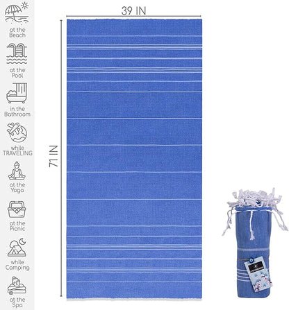Turkish Beach Towel, Prewashed, 100% Cotton, Soft, Absorbent, Quick Dry, Sand Free Large Oversize Beach Towels for Bathroom Camping Yoga Gym Pool Travel Size 39x71 Inches (Blue)