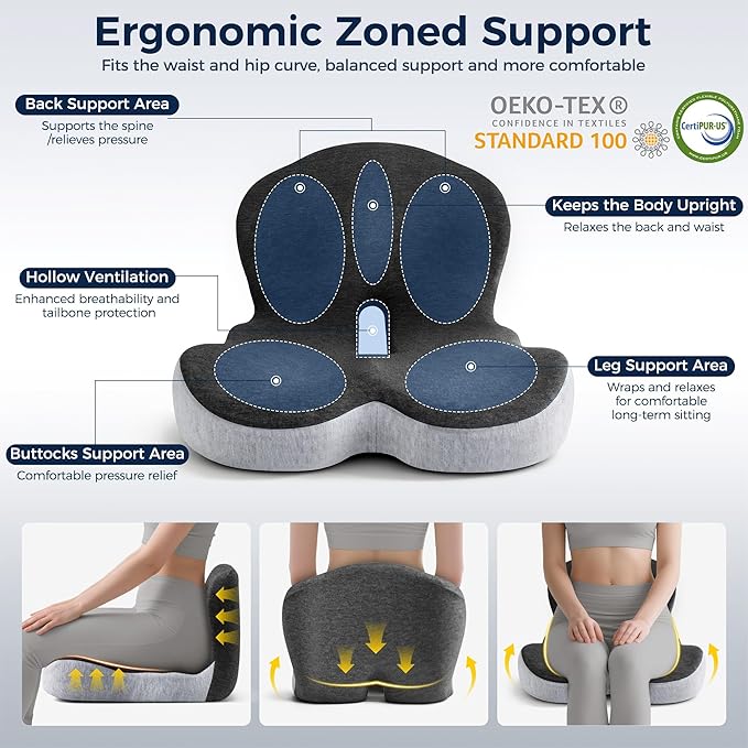 Seat Cushion, Office Chair Seat Cushions for Office Chair with L-Shaped Ergonomic Design, Memory Foam Chair Cushion for Long Sitting Office Worker(Black Gray)