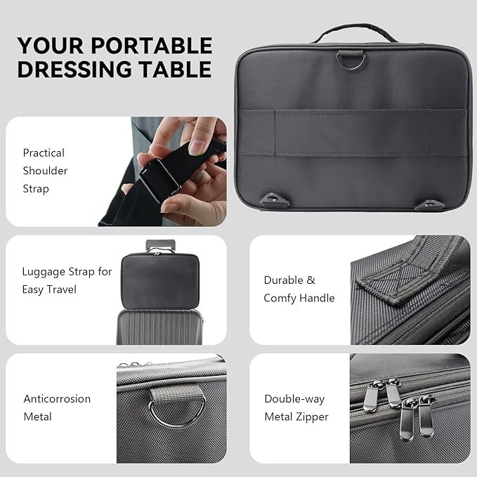 Travel Makeup Train Case Cosmetic Case Organizer Portable Artist Storage Bag with Adjustable Dividers for Cosmetics Makeup Brushes Toiletry Jewelry Digital Accessories（black,L）