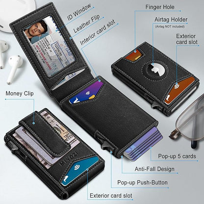 Airtag Wallet for Men,with Money Clip Gift Boxed,Slim Front Pocket Wallet RFID Blocking Metal Case Smart Pop-up Credit Card Holder in Magnetic Leather Flip