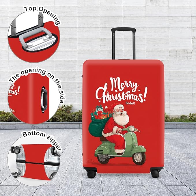 Santa on Scooter Luggage Cover - Christmas Riding Green Scooter with Gifts, Whimsical Modern Holiday Design for 32 34 Inch Travel