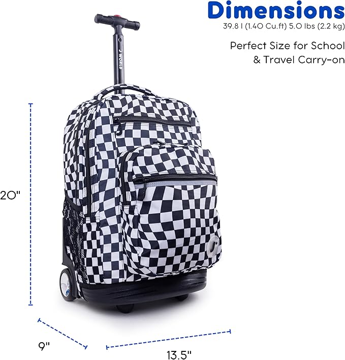 J World Sundance Laptop Rolling Backpack for Girls Boys. Roller Bookbag with Wheels, Wavy Checkers