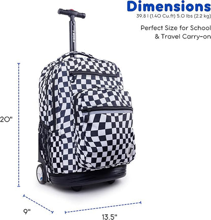 J World Sundance Laptop Rolling Backpack for Girls Boys. Roller Bookbag with Wheels, Wavy Checkers