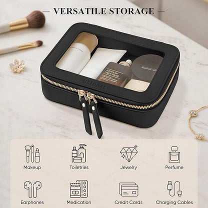 Clear Makeup Bag, Travel Toiletry Bag Cosmetic Case for Women, Waterproof Portable Make Up Skincare Pouch with Zipper, Compact Car Organizer Bag for Essentials, Mini & Medium, Black
