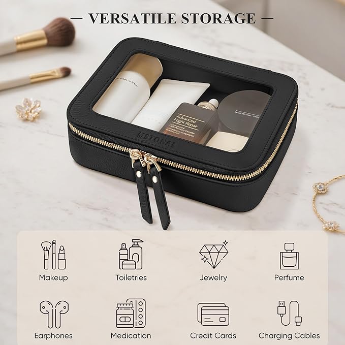 Clear Makeup Bag, Travel Toiletry Bag Cosmetic Case for Women, Waterproof Portable Make Up Skincare Pouch with Zipper, Compact Car Organizer Bag for Essentials, Medium Size, Black