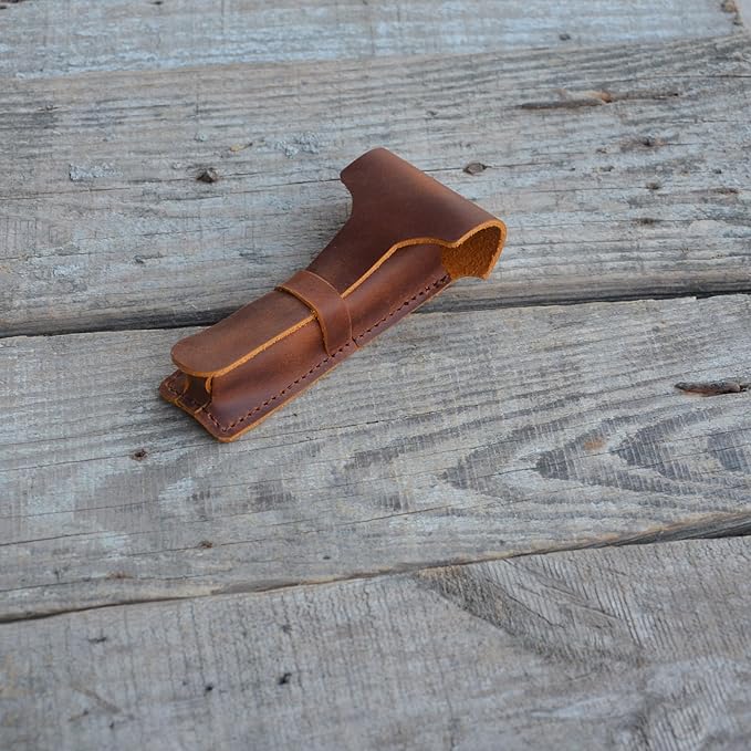 JJNUSA Handmade Sleeve Travel Pouch Leather Safety Razor Case, Double Edge Razor 4.5", Old Fashioned Razor Sleeve Shaving Accessories Men's Shaving Razor Brown