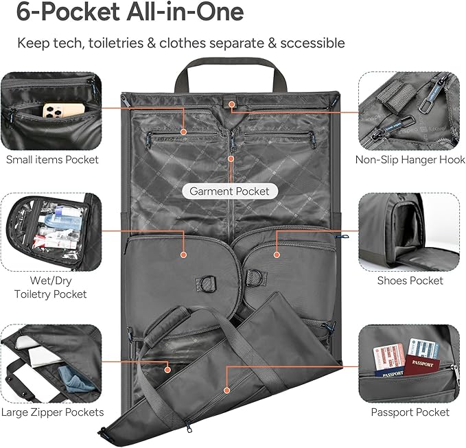 travel inspira Convertible Garment Bag for Travel, Carry On Garment Duffle Weekender with Extended Shoe Compartment & Shoulder Straps, 2 in 1 Waterproof Hanging Suitcase Suit Bag